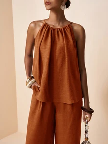 Zivah Spring/Summer Wedding Music Festival Easter Western Style Bohemian Party Elegant Halter Neck Ruched Loose Top + Wide Leg Pants Rust Brown Set - Redwood - View 6
