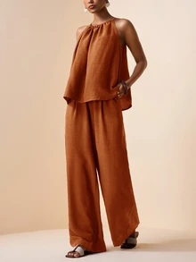 Zivah Spring/Summer Wedding Music Festival Easter Western Style Bohemian Party Elegant Halter Neck Ruched Loose Top + Wide Leg Pants Rust Brown Set - Redwood - View 3