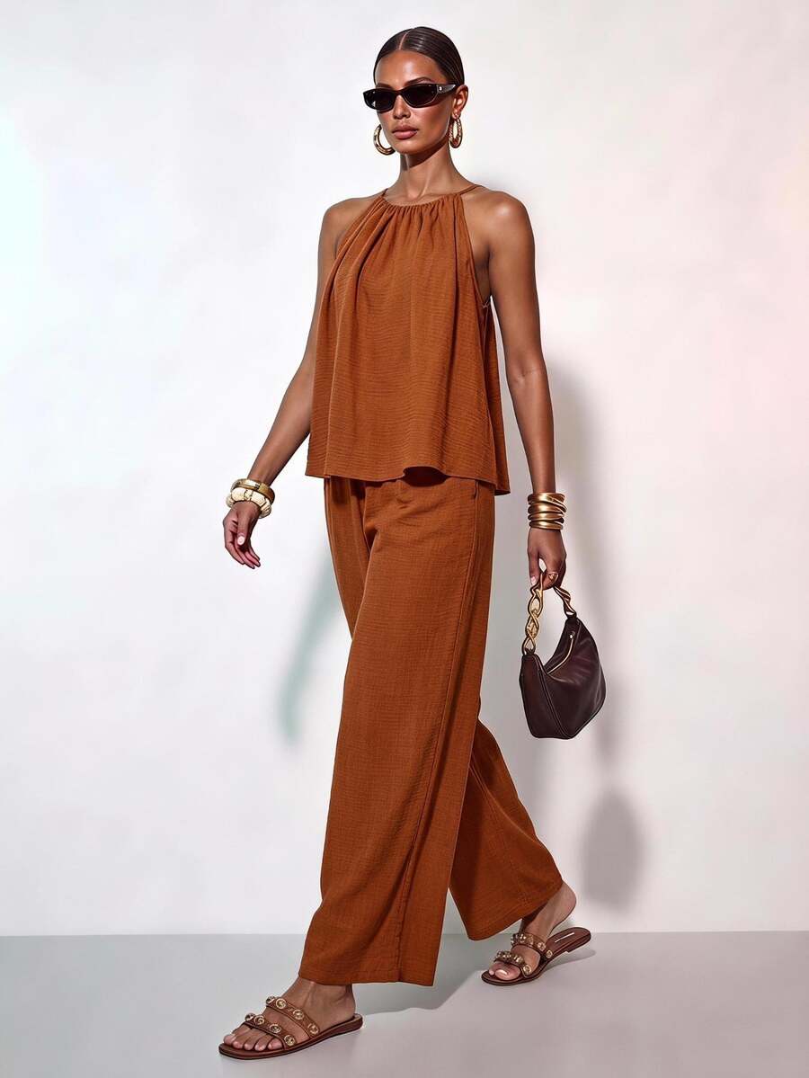 Zivah Spring/Summer Wedding Music Festival Easter Western Style Bohemian Party Elegant Halter Neck Ruched Loose Top + Wide Leg Pants Rust Brown Set - Redwood - View 1