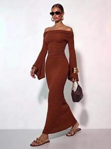 Zivah Rust Brown Autumn Elegant Dinner Date Maxi Dress,Textured Round Neck Sleeveless Gathered Shoulder Tie Waist Boho Wedding Guest Commute Dress - Brown - View 1