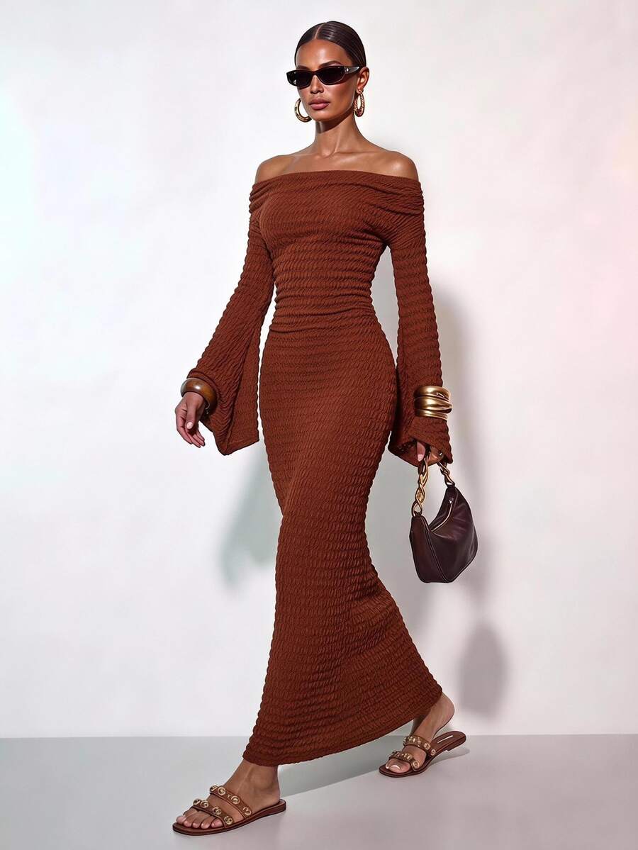 Zivah Rust Brown Autumn Elegant Dinner Date Maxi Dress,Textured Round Neck Sleeveless Gathered Shoulder Tie Waist Boho Wedding Guest Commute Dress - Brown - View 1