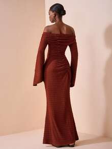 Zivah Rust Brown Autumn Elegant Dinner Date Maxi Dress,Textured Round Neck Sleeveless Gathered Shoulder Tie Waist Boho Wedding Guest Commute Dress - Brown - View 2