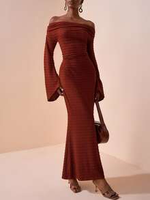 Zivah Rust Brown Autumn Elegant Dinner Date Maxi Dress,Textured Round Neck Sleeveless Gathered Shoulder Tie Waist Boho Wedding Guest Commute Dress - Brown - View 4