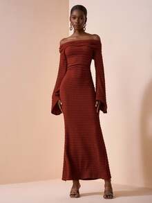 Zivah Rust Brown Autumn Elegant Dinner Date Maxi Dress,Textured Round Neck Sleeveless Gathered Shoulder Tie Waist Boho Wedding Guest Commute Dress - Brown - View 5