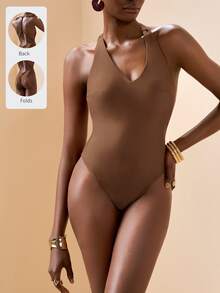 Zivah 2026 Vacation Casual Solid Color Backless Halter One-Piece Swimsuit Summer Beach - Brown - View 6