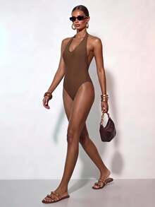 Zivah 2026 Vacation Casual Solid Color Backless Halter One-Piece Swimsuit Summer Beach - Brown - View 1