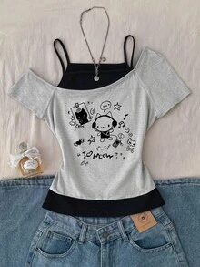 SHEIN Teen Girls Cartoon Doodle Print One Shoulder Short Sleeve T-Shirt, Grey Black 2 In 1 Casual Outfit - Multicolor - View 1