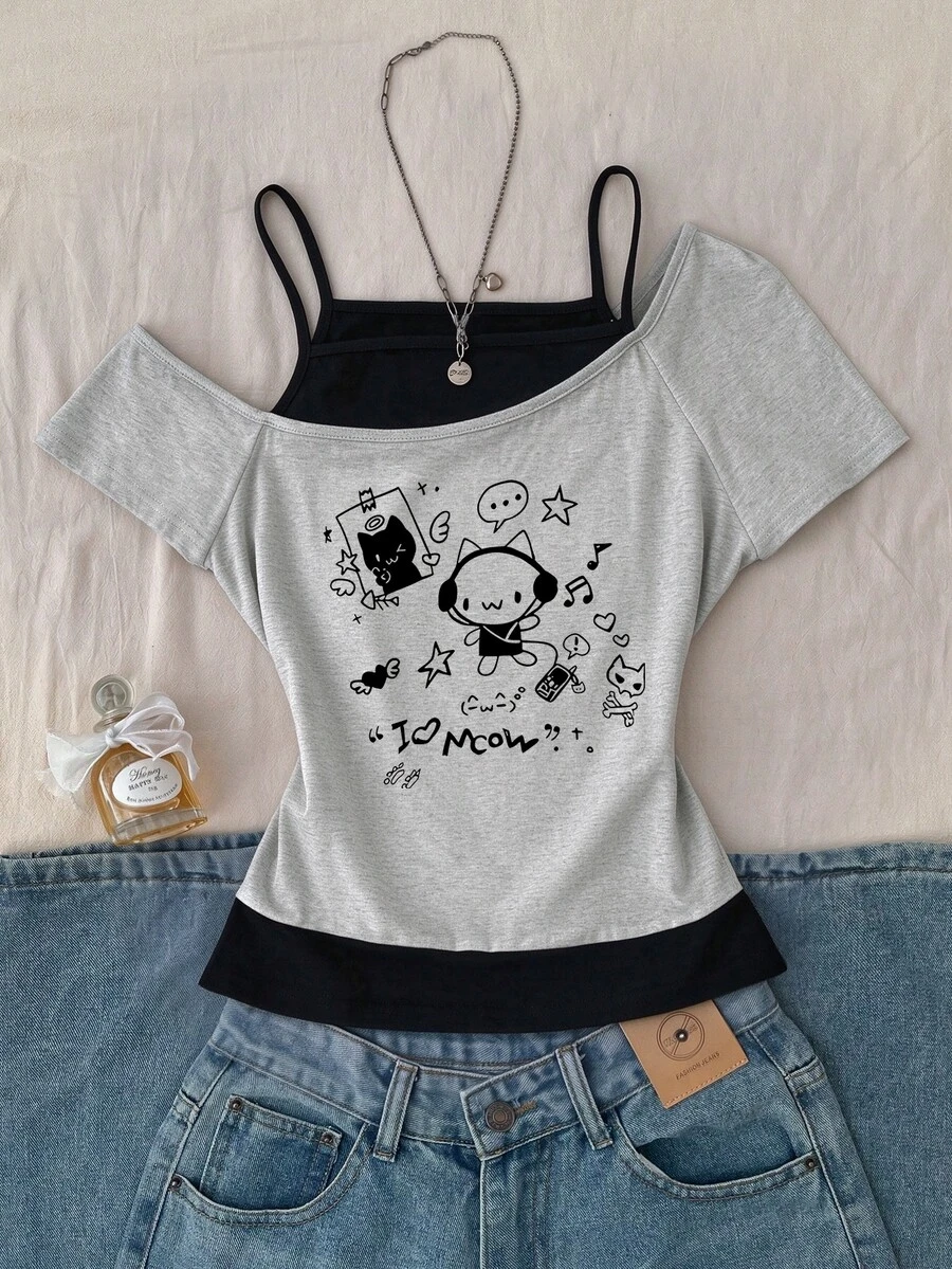 SHEIN Teen Girls Cartoon Doodle Print One Shoulder Short Sleeve T-Shirt, Grey Black 2 In 1 Casual Outfit - Multicolor - View 1