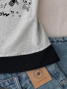 SHEIN Teen Girls Cartoon Doodle Print One Shoulder Short Sleeve T-Shirt, Grey Black 2 In 1 Casual Outfit - Multicolor - View 5