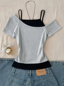 SHEIN Teen Girls Cartoon Doodle Print One Shoulder Short Sleeve T-Shirt, Grey Black 2 In 1 Casual Outfit - Multicolor - View 2
