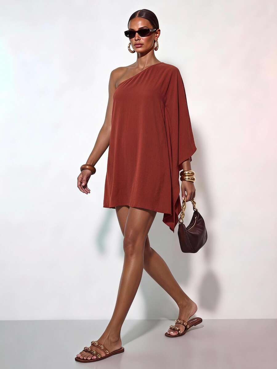 Zivah Casual Elegant Women's Loose Solid Color Mini Dress, Linen-Feel Crinkle Fabric, Suitable For Nightclub Party In Summer