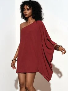 Zivah Casual Elegant Women's Loose Solid Color Mini Dress, Linen-Feel Crinkle Fabric, Suitable For Nightclub Party In Summer - Redwood - View 5