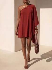 Zivah Casual Elegant Women's Loose Solid Color Mini Dress, Linen-Feel Crinkle Fabric, Suitable For Nightclub Party In Summer - Redwood - View 7