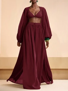 Zivah Women's Solid Color Robe And Wide Leg Pants Casual Resort Cover Up Set Summer Beach Vacation - Burgundy - View 5