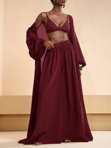 Zivah Women's Solid Color Robe And Wide Leg Pants Casual Resort Cover Up Set Summer Beach Vacation - Burgundy - View 3