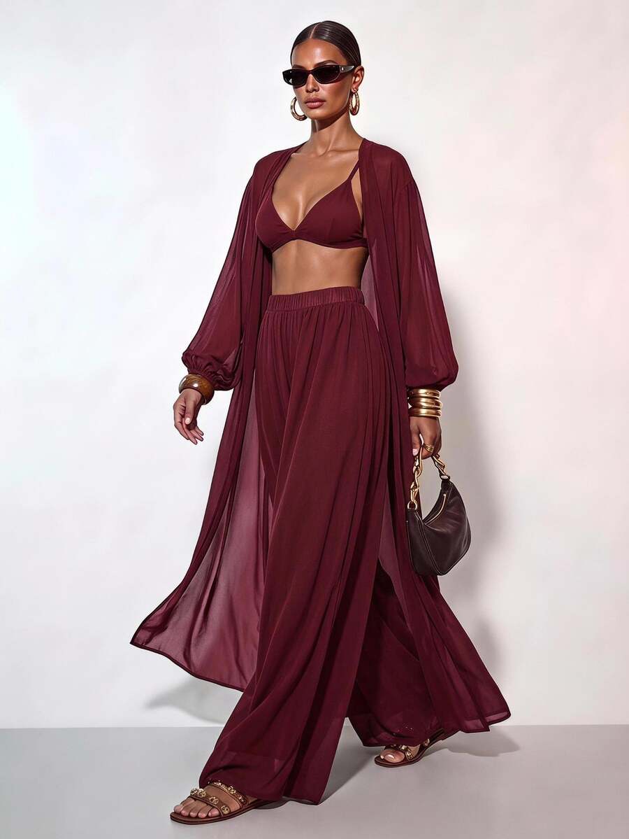 Zivah Women's Solid Color Robe And Wide Leg Pants Casual Resort Cover Up Set Summer Beach Vacation - Burgundy - View 1