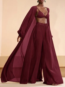Zivah Women's Solid Color Robe And Wide Leg Pants Casual Resort Cover Up Set Summer Beach Vacation - Burgundy - View 4