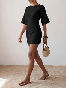 Zivah Chic Black Summer Round Neck Short Sleeve Fitted Linen Mini Dress For Brunch Everyday Date Vacation Beach Party Wedding Guest Commute French - Black - View 5