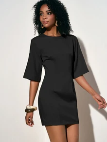 Zivah Chic Black Summer Round Neck Short Sleeve Fitted Linen Mini Dress For Brunch Everyday Date Vacation Beach Party Wedding Guest Commute French - Black - View 9