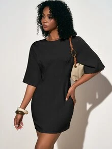 Zivah Chic Black Summer Round Neck Short Sleeve Fitted Linen Mini Dress For Brunch Everyday Date Vacation Beach Party Wedding Guest Commute French - Black - View 10