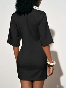 Zivah Chic Black Summer Round Neck Short Sleeve Fitted Linen Mini Dress For Brunch Everyday Date Vacation Beach Party Wedding Guest Commute French - Black - View 2
