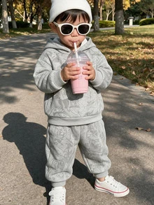 Infant Hooded Casual Comfortable Set, Classic Cool Stylish Dry Branch & Fallen Leaf Street Fashion Maple Leaf Pattern Print, Suitable For Streetwear, Suitable For Sports - White - View 1