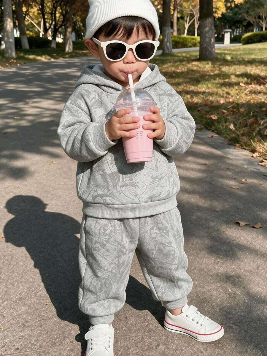 Infant Hooded Casual Comfortable Set, Classic Cool Stylish Dry Branch & Fallen Leaf Street Fashion Maple Leaf Pattern Print, Suitable For Streetwear, Suitable For Sports - White - View 1