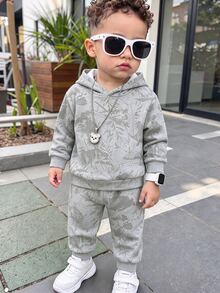 Infant Hooded Casual Comfortable Set, Classic Cool Stylish Dry Branch & Fallen Leaf Street Fashion Maple Leaf Pattern Print, Suitable For Streetwear, Suitable For Sports - White - View 6