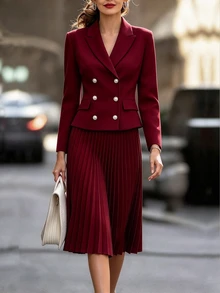 Offisola Burgundy Double Breasted Lapel Slim Fit Blazer & Pleated Midi Skirt Two Pieces Set, Elegant Women's Outfit, Suitable For Daily Commute And Office Wear - Burgundy - View 3