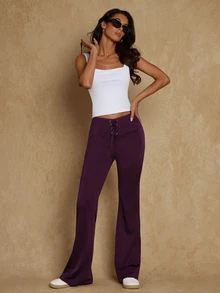 Glamine Dark Wash Knit High-Waist Elastic Drawstring Waistband Multiple Eyelets Loose Fit Flared Leg Women's Sports Long Pants Gym Couple Fall - Purple - View 6