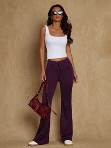 Glamine Dark Wash Knit High-Waist Elastic Drawstring Waistband Multiple Eyelets Loose Fit Flared Leg Women's Sports Long Pants Gym Couple Fall - Purple - View 5