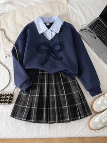 SHEIN Tween Girls Fall Outfits Fall Tops 2pcs/Set Black And White 2 In 1 Collared Top & Striped Plaid A-Line Mini Skirt Set - Blue - View 8