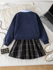 SHEIN Tween Girls Fall Outfits Fall Tops 2pcs/Set Black And White 2 In 1 Collared Top & Striped Plaid A-Line Mini Skirt Set - Blue - View 9