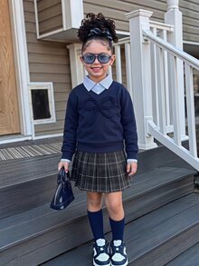 SHEIN Tween Girls Fall Outfits Fall Tops 2pcs/Set Black And White 2 In 1 Collared Top & Striped Plaid A-Line Mini Skirt Set - Blue - View 2
