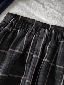 SHEIN Tween Girls Fall Outfits Fall Tops 2pcs/Set Black And White 2 In 1 Collared Top & Striped Plaid A-Line Mini Skirt Set - Blue - View 4