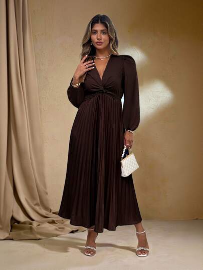 Roveilla Rochie lungă maro pentru femei mărimi mari, elegantă, casual, formală, de cocktail, cu nod răsucit, plisată, evazată, pentru petrecere, nuntă, întâlnire și birou, cu mânecă lungă, toamnă