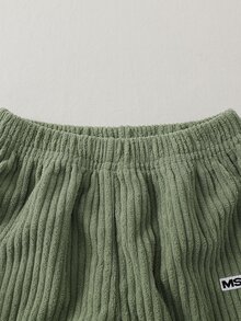 SHEIN 男童學院風兩件套，純色燈芯絨夾克搭配同色布料運動長褲，羅紋領口、袖口與下擺，彈性舒適，休閒簡約風，適合春秋日常穿著 - 綠色 - 查看 7