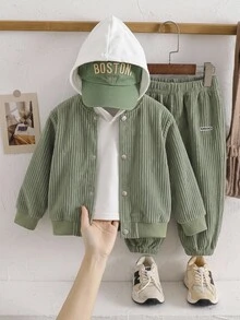 SHEIN 男童學院風兩件套，純色燈芯絨夾克搭配同色布料運動長褲，羅紋領口、袖口與下擺，彈性舒適，休閒簡約風，適合春秋日常穿著 - 綠色 - 查看 3