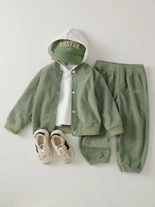 SHEIN 男童學院風兩件套，純色燈芯絨夾克搭配同色布料運動長褲，羅紋領口、袖口與下擺，彈性舒適，休閒簡約風，適合春秋日常穿著 - 綠色 - 查看 4