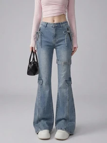 FRIFUL Women's Bow Decor Casual Everyday Denim Jeans - Blue - View 4