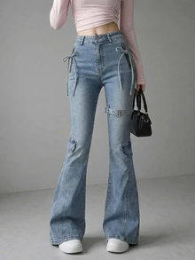 FRIFUL Women's Bow Decor Casual Everyday Denim Jeans - Blue - View 7