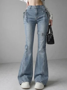 FRIFUL Women's Bow Decor Casual Everyday Denim Jeans - Blue - View 1