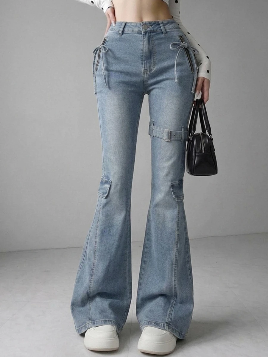 FRIFUL Women's Bow Decor Casual Everyday Denim Jeans - Blue - View 1