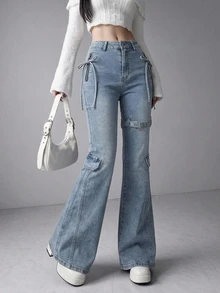 FRIFUL Women's Bow Decor Casual Everyday Denim Jeans - Blue - View 3