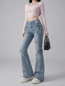 FRIFUL Women's Bow Decor Casual Everyday Denim Jeans - Blue - View 5