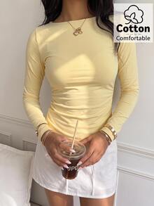 CovetEZ 女款休閒性感奶油黃修身長袖T恤，棉混紡，秋季風格，日常街頭穿搭，通勤、出遊、約會、派對，奶油黃，秋季上衣，適合日常通勤、派對，秋冬春夏，聖誕節、新年、感恩節、派對、婚禮、海灘、畢業典禮，優雅，出遊、約會 - 鵝黃色 - 查看 4