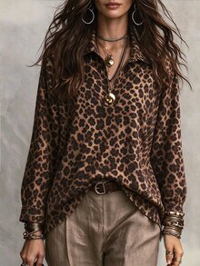 SHEIN Fashion Minimalist Commuter Long Sleeve Shirt, Loose Casual Leopard Print Multi-Color Top For Fall, Suitable For Work Night Out Dark Brown - Multicolor - View 4