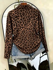 SHEIN Fashion Minimalist Commuter Long Sleeve Shirt, Loose Casual Leopard Print Multi-Color Top For Fall, Suitable For Work Night Out Dark Brown - Multicolor - View 7