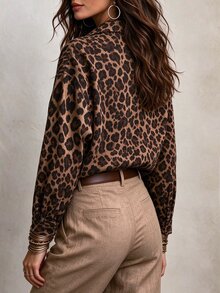 SHEIN Fashion Minimalist Commuter Long Sleeve Shirt, Loose Casual Leopard Print Multi-Color Top For Fall, Suitable For Work Night Out Dark Brown - Multicolor - View 3