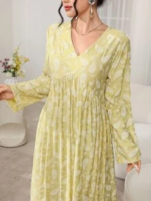 Al Najma New Print V-Neck High Waist A-Line Long Sleeve Arabic Style Casual Modest Elegant Dress Formal Office Going Out Formal White Fall - Yellow - View 6
